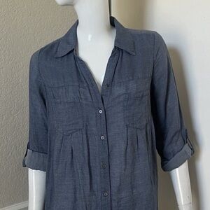 🐠JOIE button down shirt roll tab sleeves chest pockets pleats blue lightweight